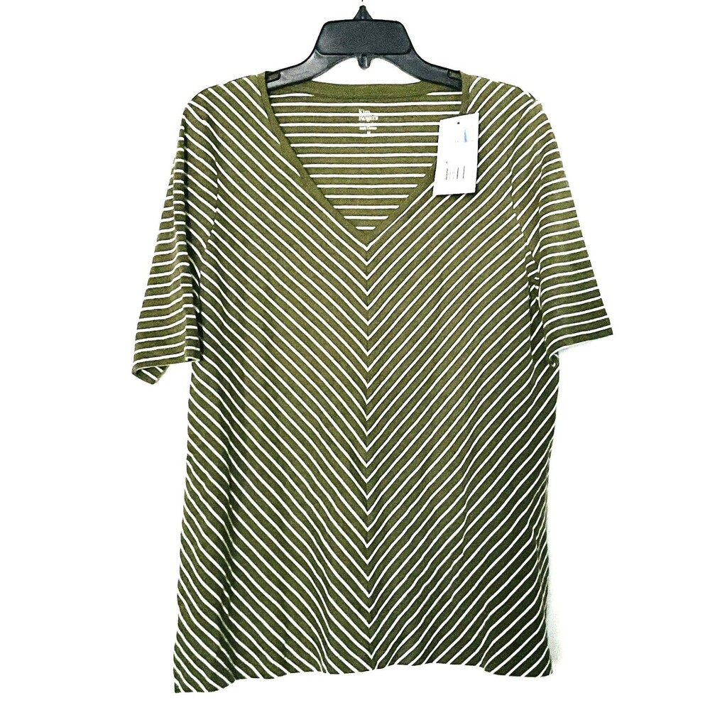 Kim Rogers Women's Short Sleeve V-Neck Striped T-Shirt Size M, Olive Stripe NWT